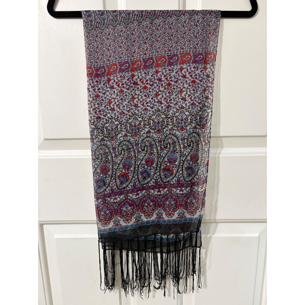 One Star | Paisley Sheer Fringe Boho Scarf | OS || Purple Red Multi|